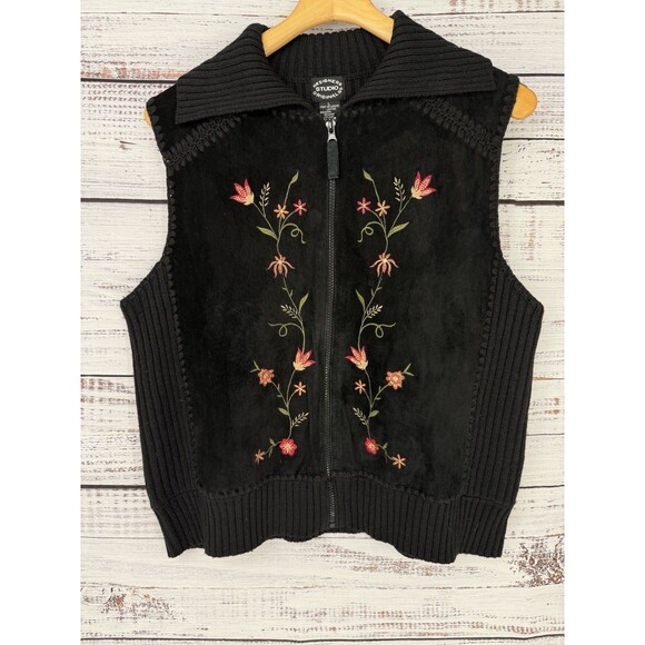 Designers Studio Vintage Womens Vest‎ Size L Black Grandma  Leather Embroidered - Picture 1 of 3
